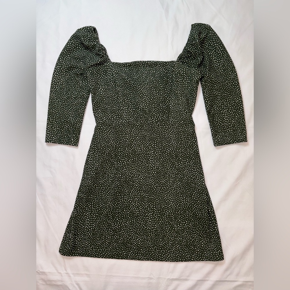 Leith Size M Green & White Square Neck Half Sleeve Boho Spring Mini Dress - Picture 3 of 9